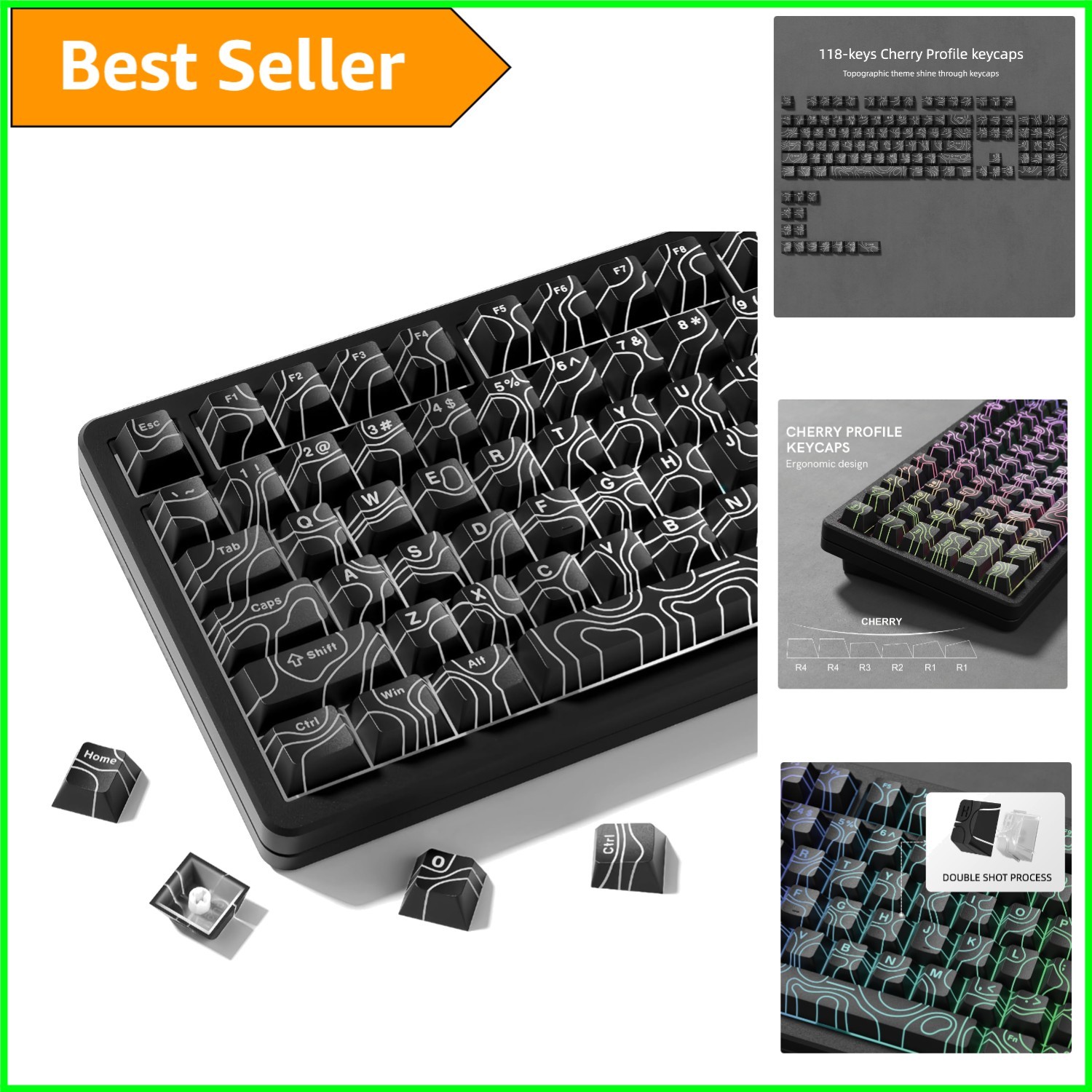 Shine Through Topographic PBT Keycaps Set – 118 Keys for Mechanical Keyboards