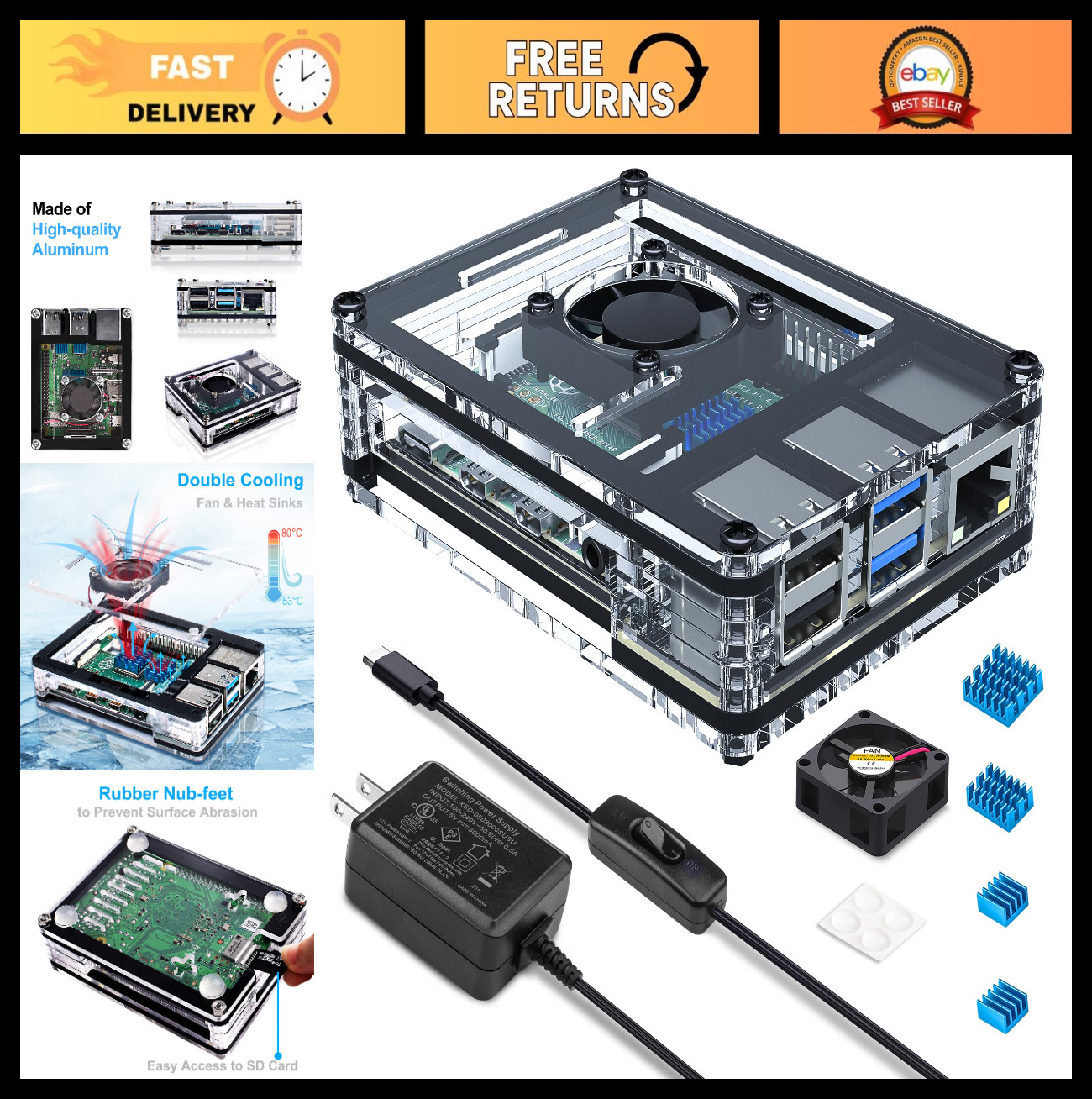 Raspberry Pi 4 Case with Fan Cooling, 5V 3A Power Supply & 4 Aluminum Heatsinks