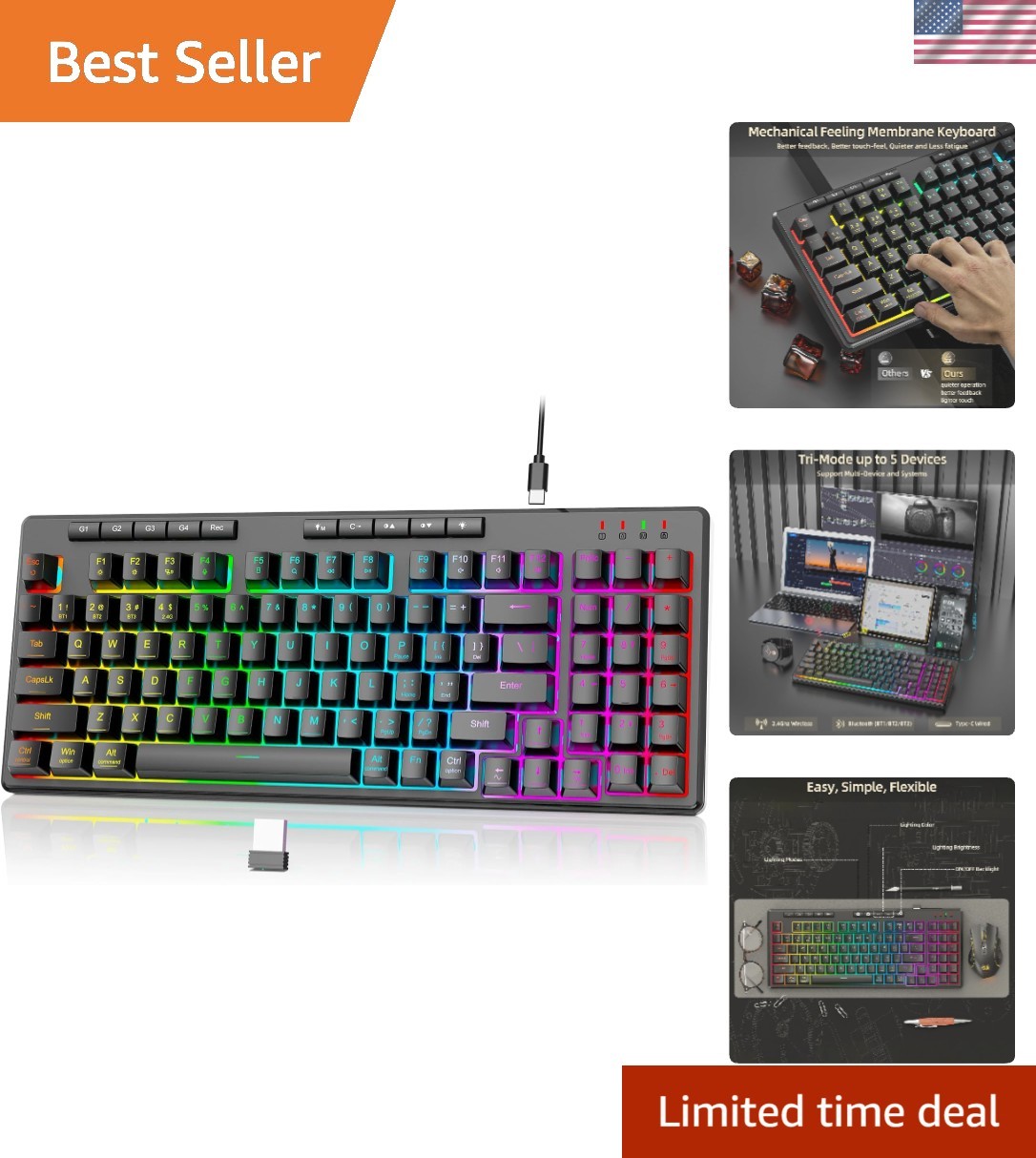 Professional K517 Wireless Keyboard - 94 Keys, RGB, Mechanical Feel for Gamers