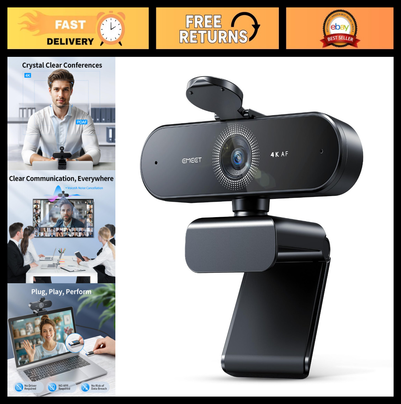 4K HD Webcam for PC, Ultra Clear Video, PDAF Autofocus, Dual Microphones, Stream