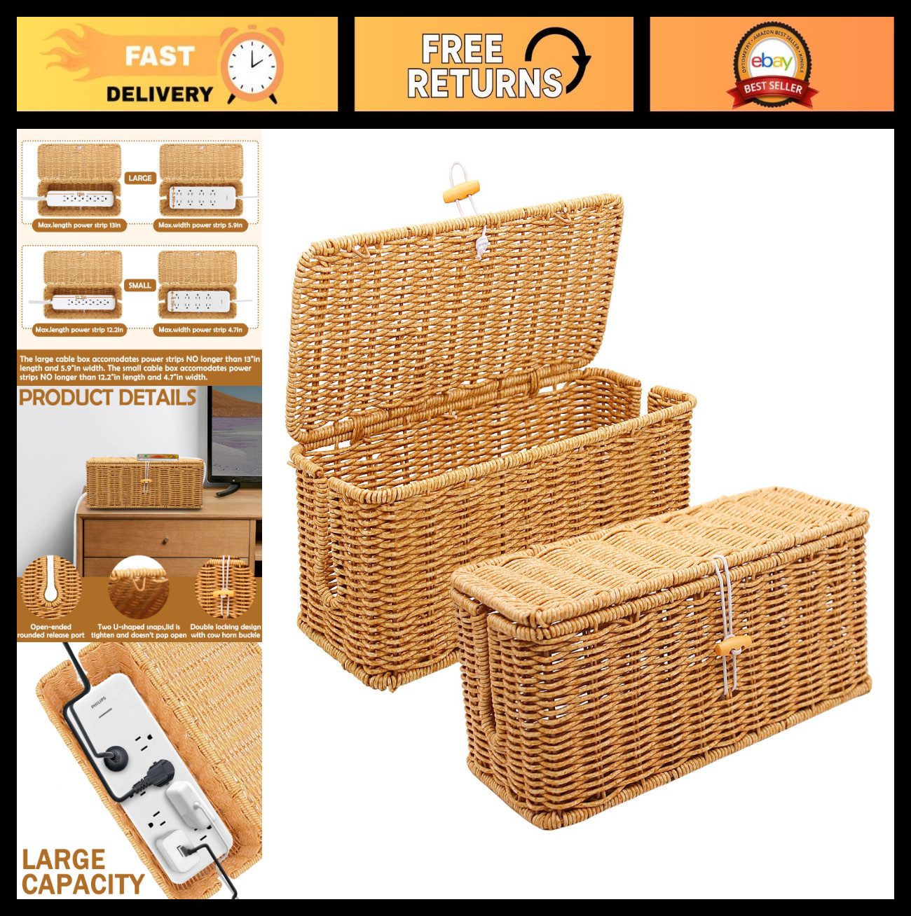 2PCS Rattan Cable Management Box, Cord Organizer with Open Slots for Desk & Rout
