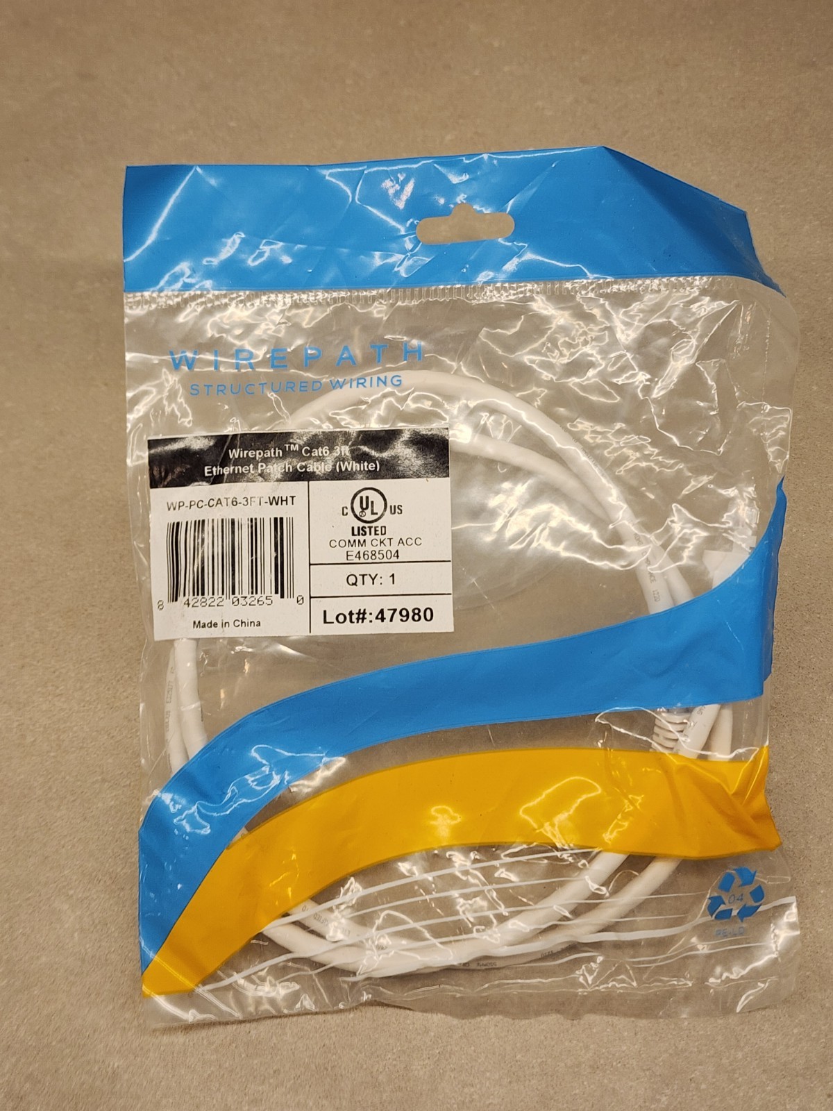 Wirepath WP-PC-CAT6-3FT-WHT Cat6 Two Foot Ethernet Patch Cable White NEW Sealed