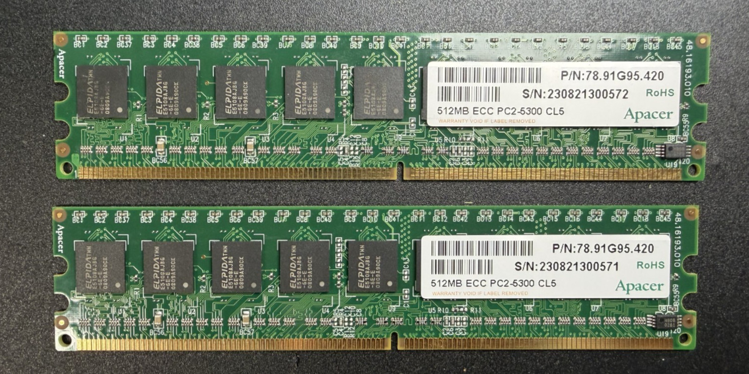 2x  Apacer 512MB ECC DDR2 PC2-5300 667MHz CL5 Server RAM 78.91G95.420 Tested