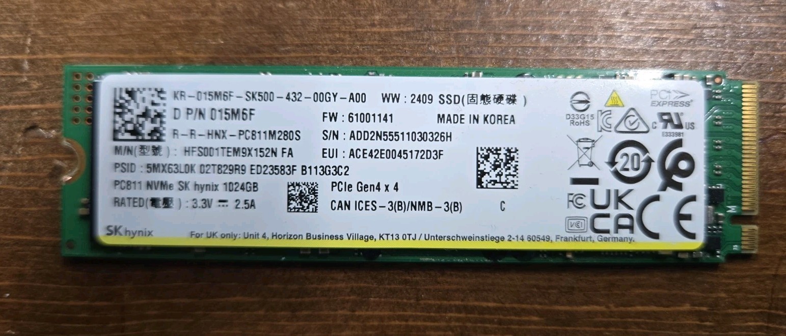 SK hynix PCIe Gen4x4 NVMe SSD 1024GB 015M6F 15M6F, HFS001TEM9X152N FA ps5 HD 1TB