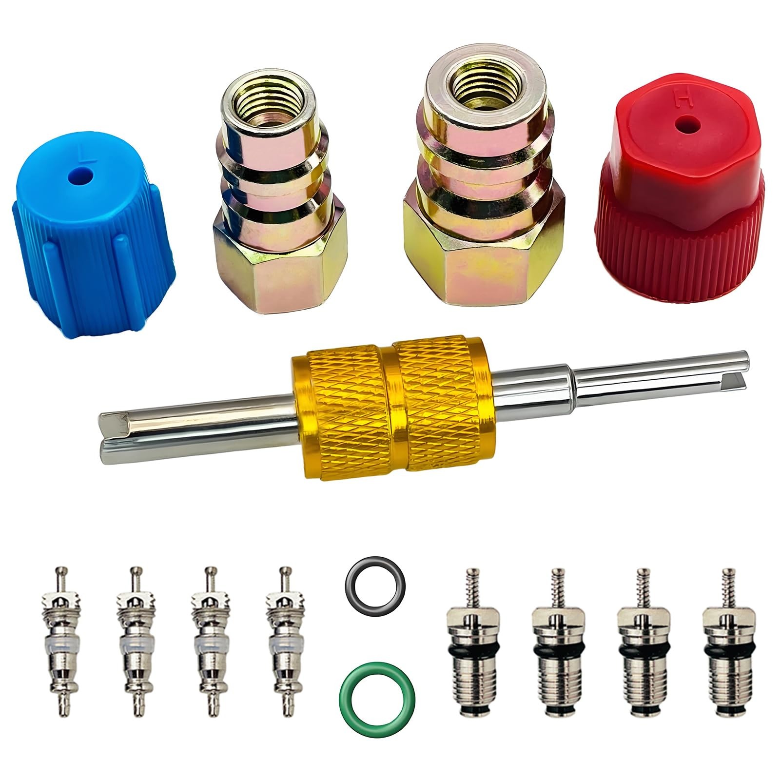 R12 R22 to R134A A/C Retrofit Adapter Kit High Low 1/4" 7/16"-20 UNF Valve Cores