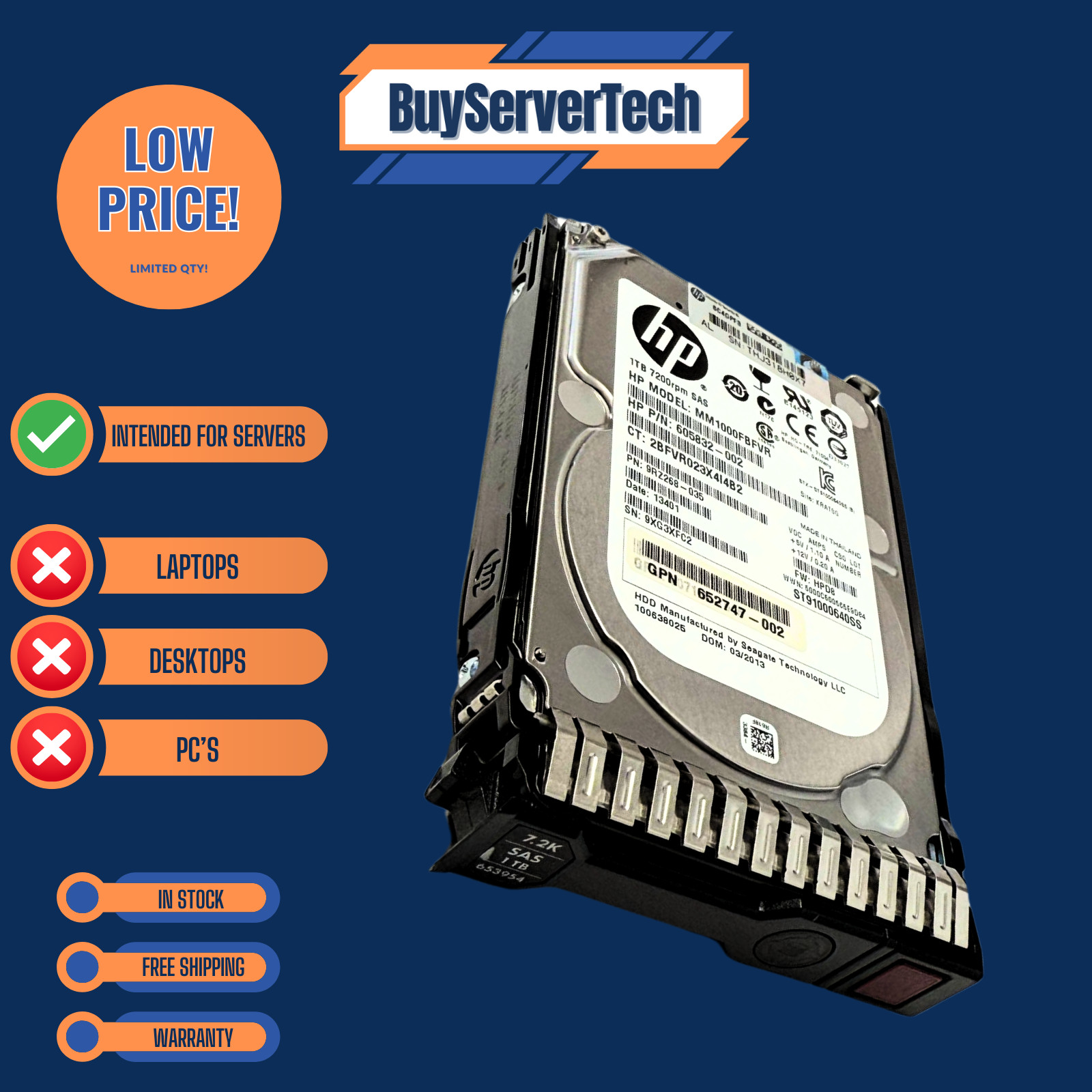 HP 1TB 6G SAS 7.2K SFF SC MDL G8 G9 HDD 652749-B21 653954-001 2.5 drive W/ Tray