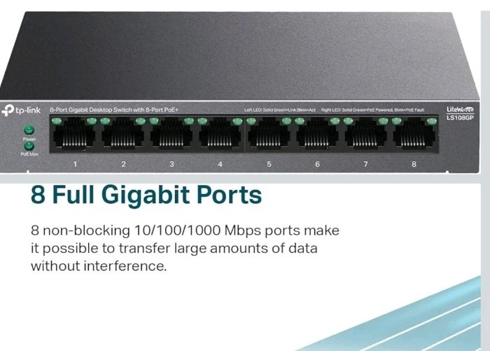 TP-Link LiteWave LS108GP 8-Port Gigabit Desktop PoE+ Switch 62W Metal Plug Play