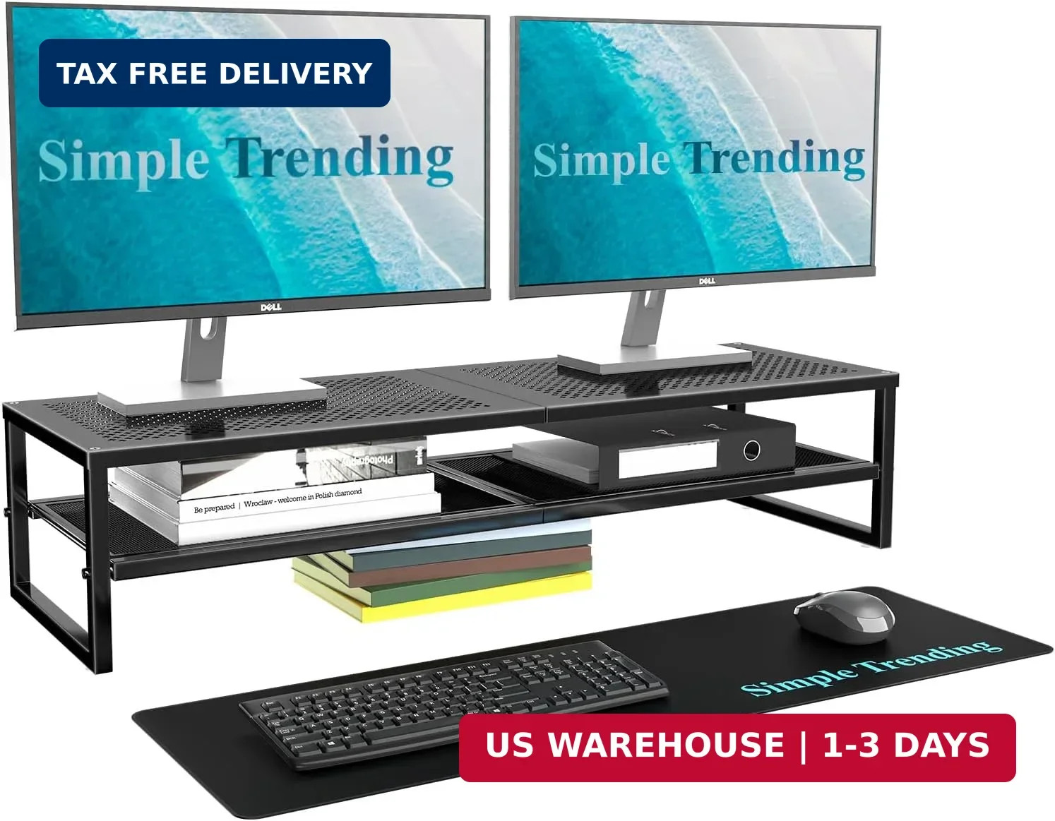 Simple Trending 2-Tier Dual Monitor Stand with Mouse Pad, Metal, Black