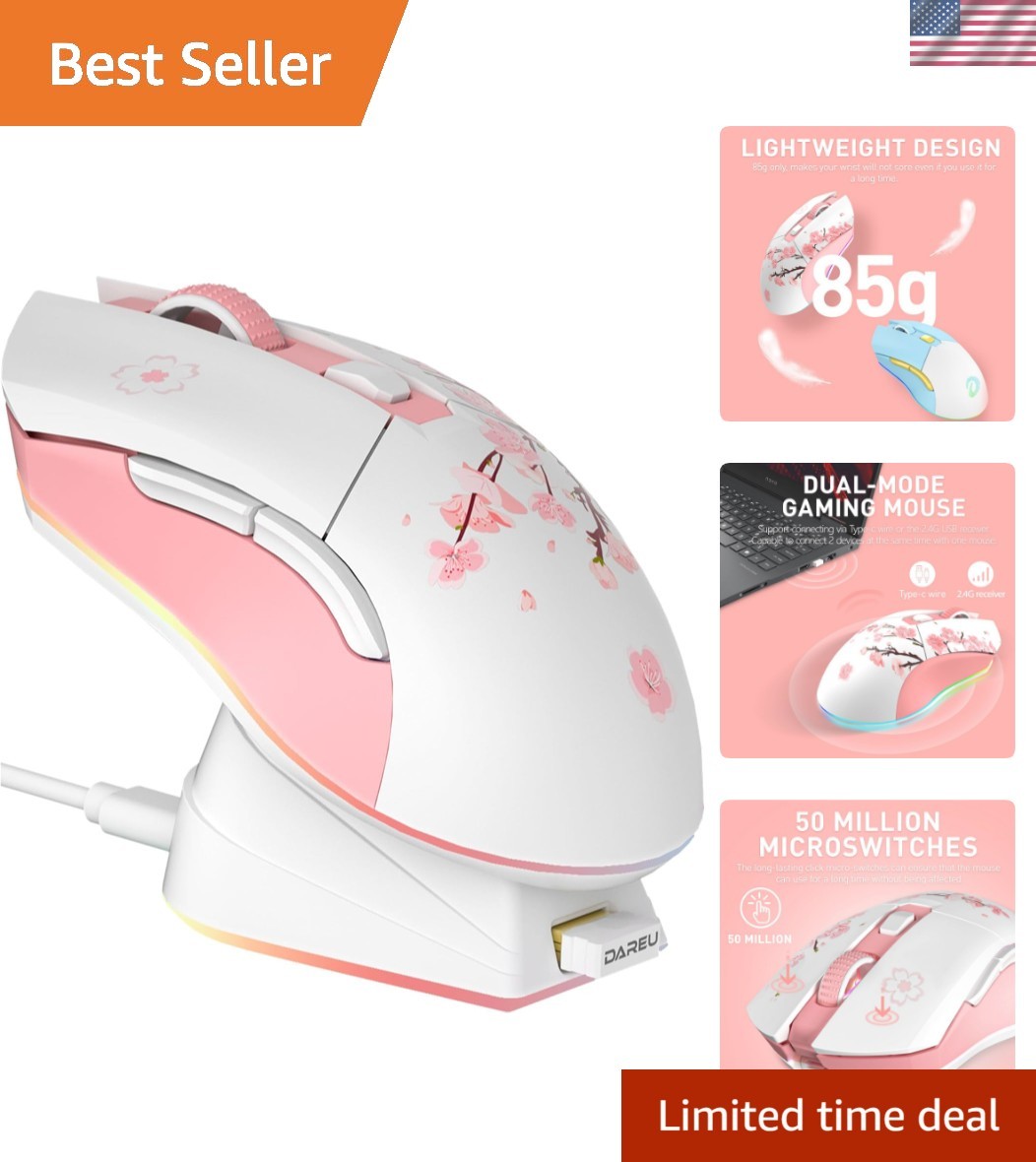 Sakura Pink Wireless Gaming Mouse with Charging Dock Rechargeable RGB,12K DPI...