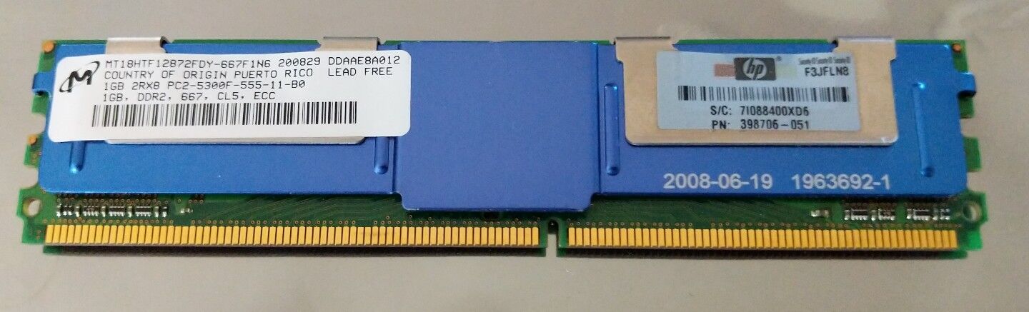 HP OEM MICRON 1GB Memory Module MT18HTF12872FDY-667F1N6 ECC 398706-051 Genuine