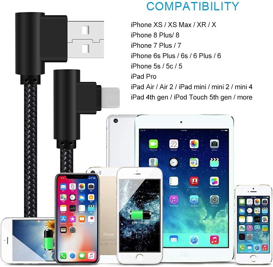 1/3 Pack USB Fast Charger Cable 90 Degree Cord 3/6Ft For iPhone 14 13 12 11 8 XR