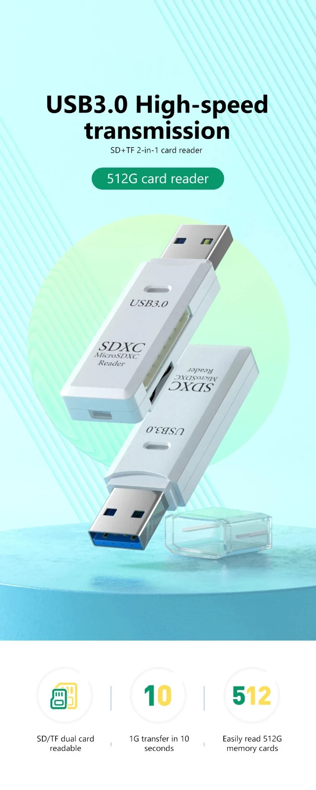 Tutew Multi Functional 2 In 1 High-speed USB 3.0/2.0 Card Reader Supports TF+SD 