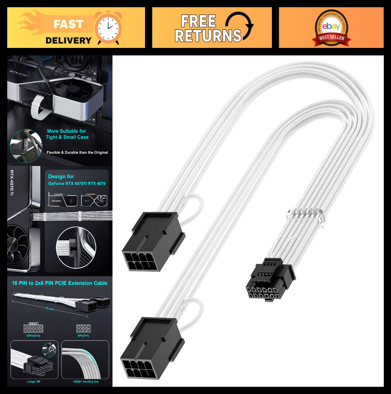16Pin GPU Power Adapter Cable, PCI-e 5.0 16Pin to Dual 8Pin Male/Female Extensio