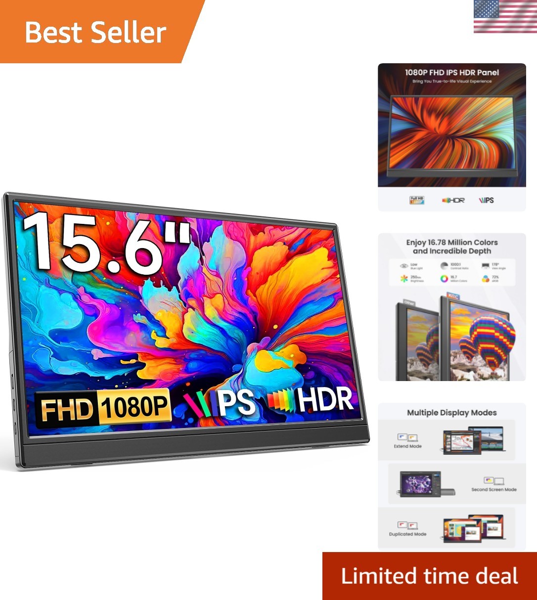 Portable Monitor 15.6" 1080P FHD IPS Display, Ultra-Slim USB-C HDMI Travel Mo...