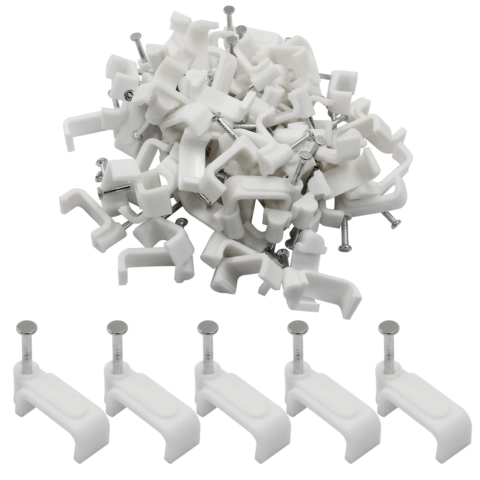 100 Pcs Flat Cable Clips 14mm, White Ethernet Cable Wall Clips Cable Tacks Co...
