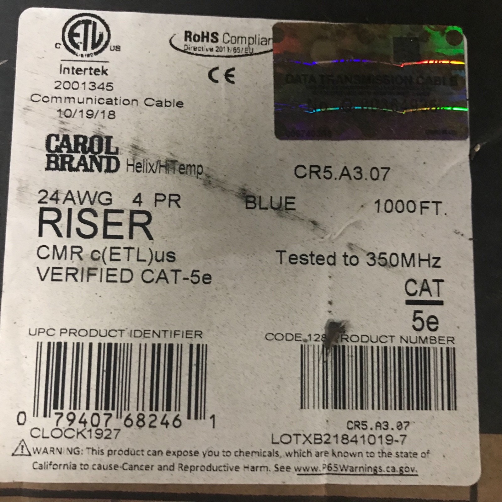 CAROL CABLE Cat5e, 24 AWG, 4 Wire, Unshielded Network and Ethernet Blue...