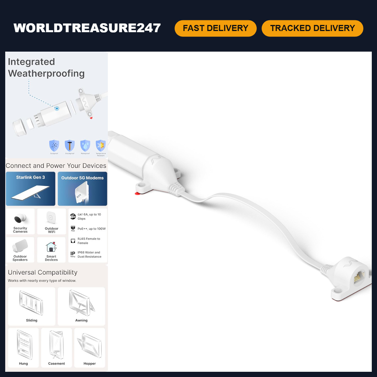 Ultra-Flat Ethernet Window Entry Cable - Passthrough Design for Easy Setup