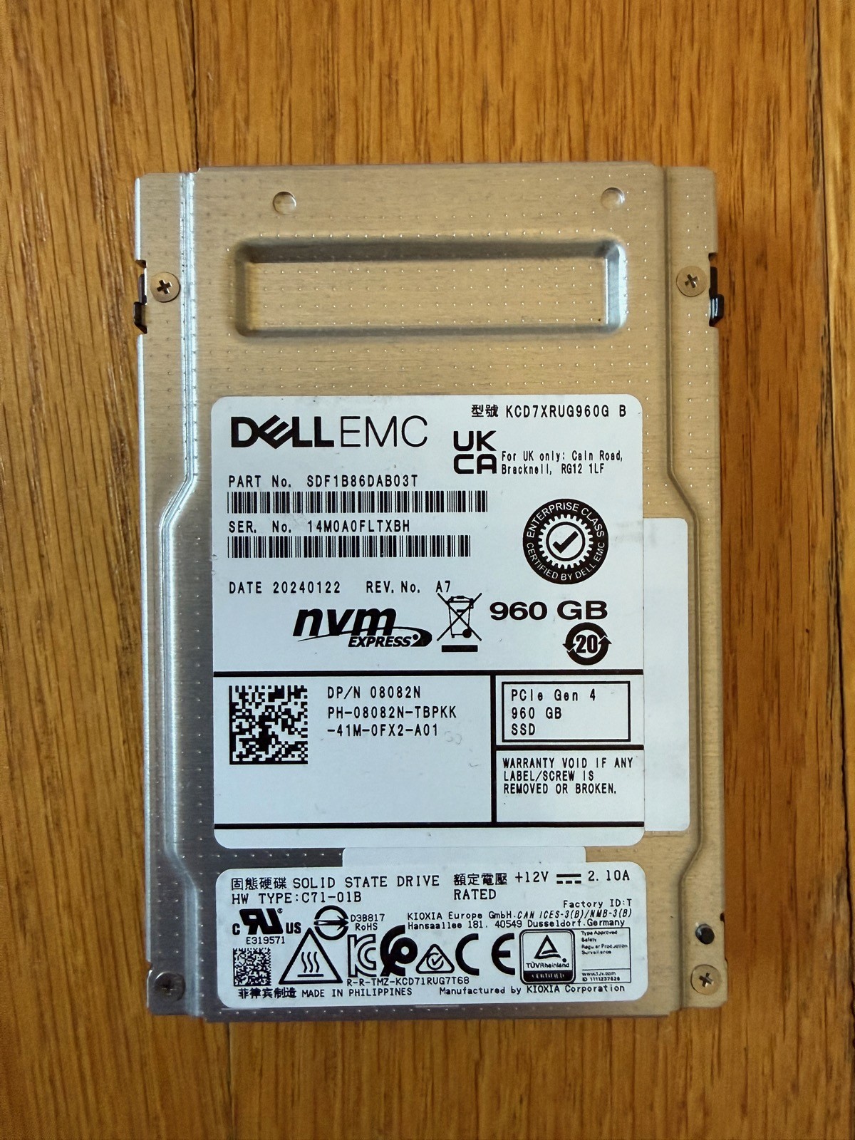 Kioxia CD7-R 960GB U.2 NVMe PCIe Gen4 SSD KCD7XRUG960G Dell 08082N