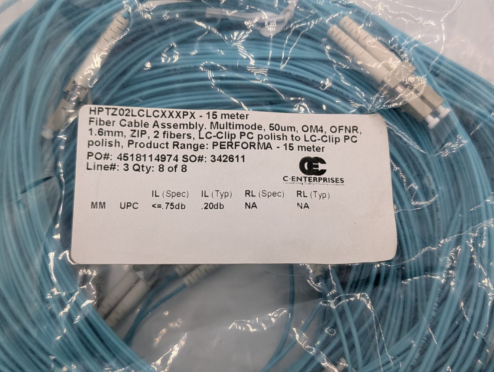 C Enterprises Performa MultiMode OM4, 15M, LC/LC, Duplex OFNR Fiber Cable-Qty 1
