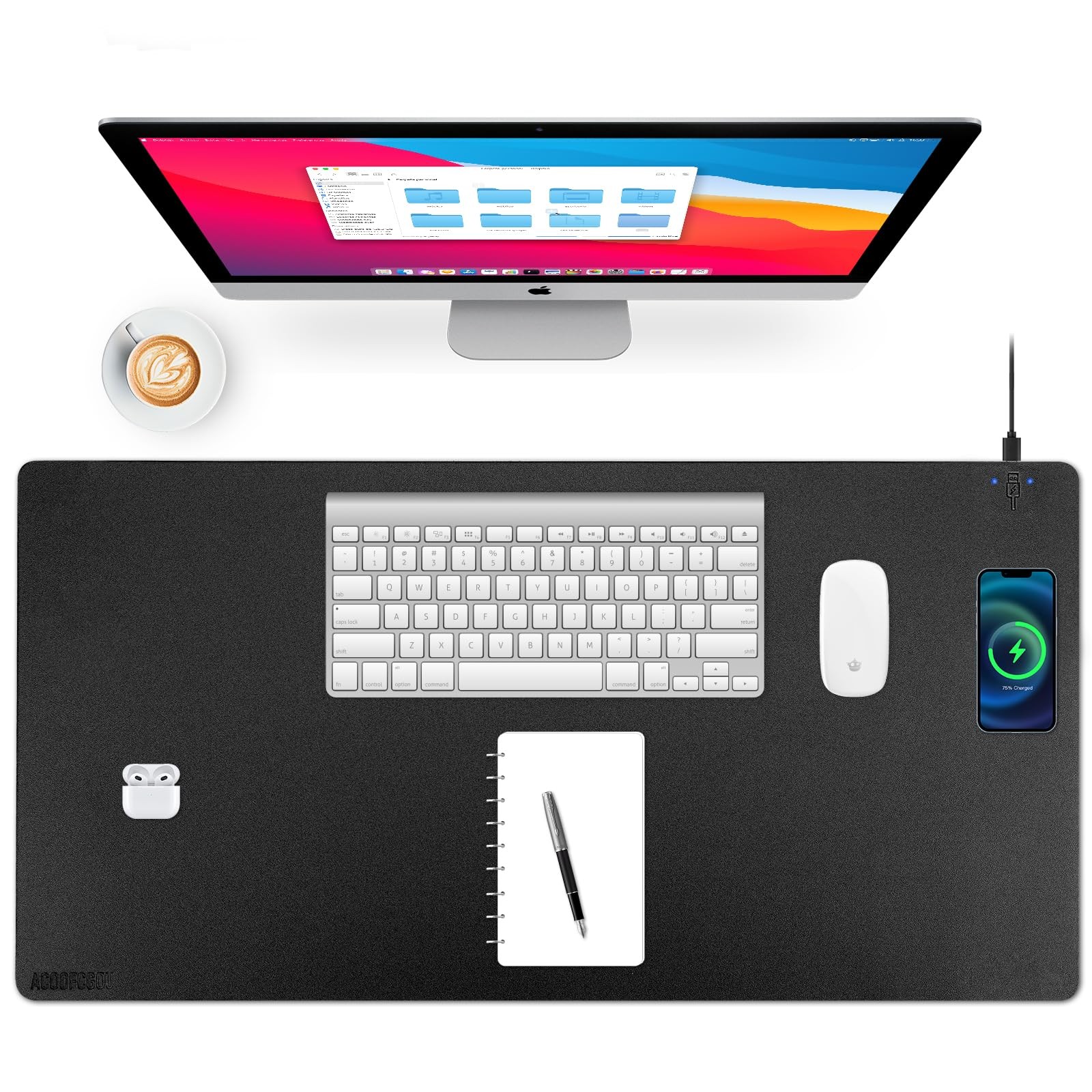 ACOOFCGOU Wireless Charging Desk Mat, Mouse Pad,Black-R, 32 16inch 001