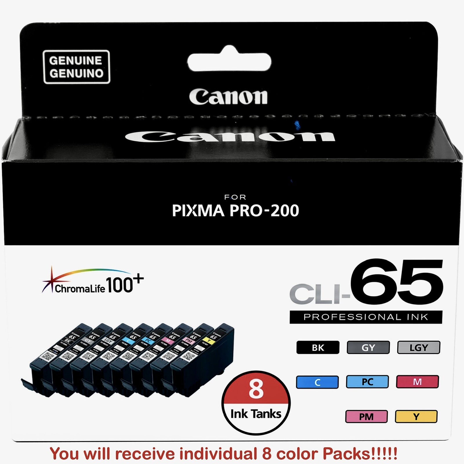 Genuine Canon CLI-65 Individual 8 Color Ink Value Pack for PIXMA Pro-200 Printer
