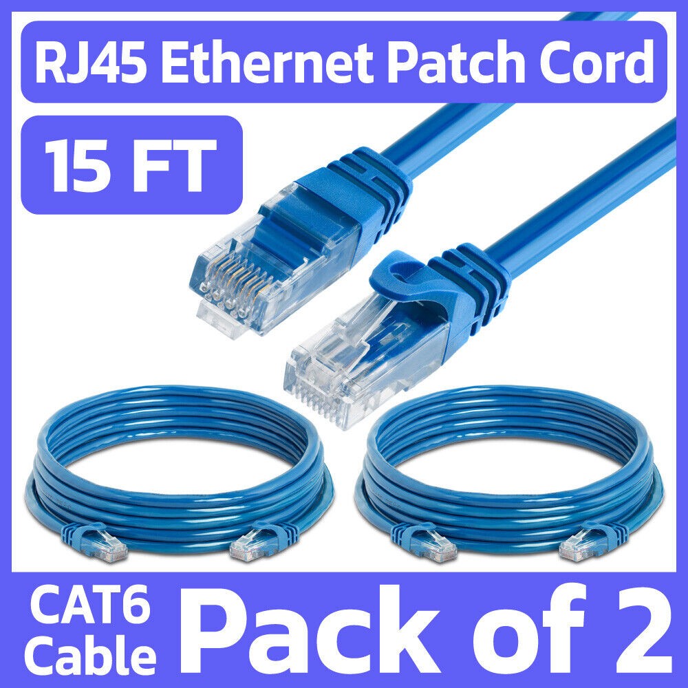2 Pack 15 FT Cat6 Patch Cord Blue RJ45 LAN Network Cable Internet Ethernet Cord