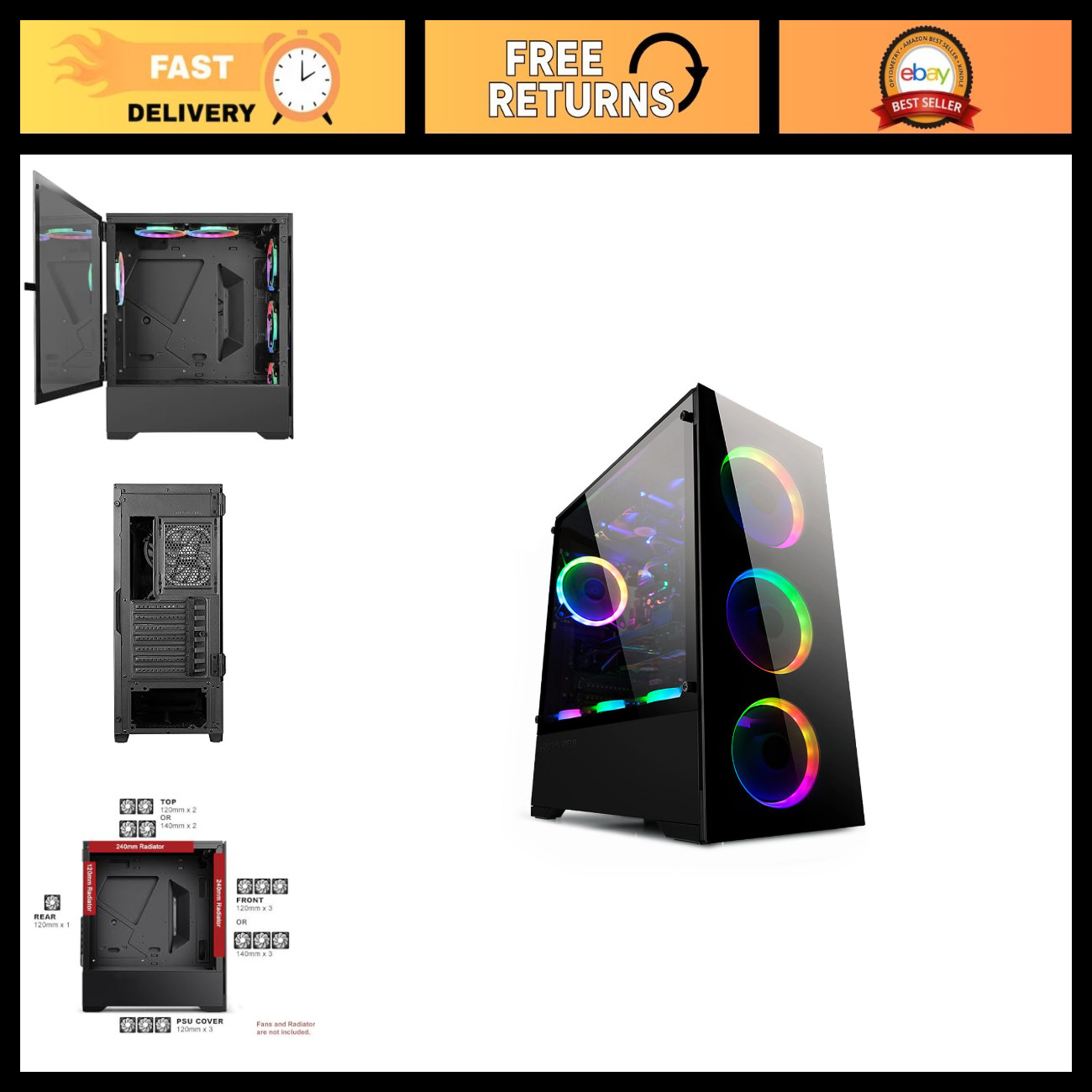 Gaming PC Case with Tempered Glass, USB 3.0, E-ATX/ATX/mATX/ITX Support