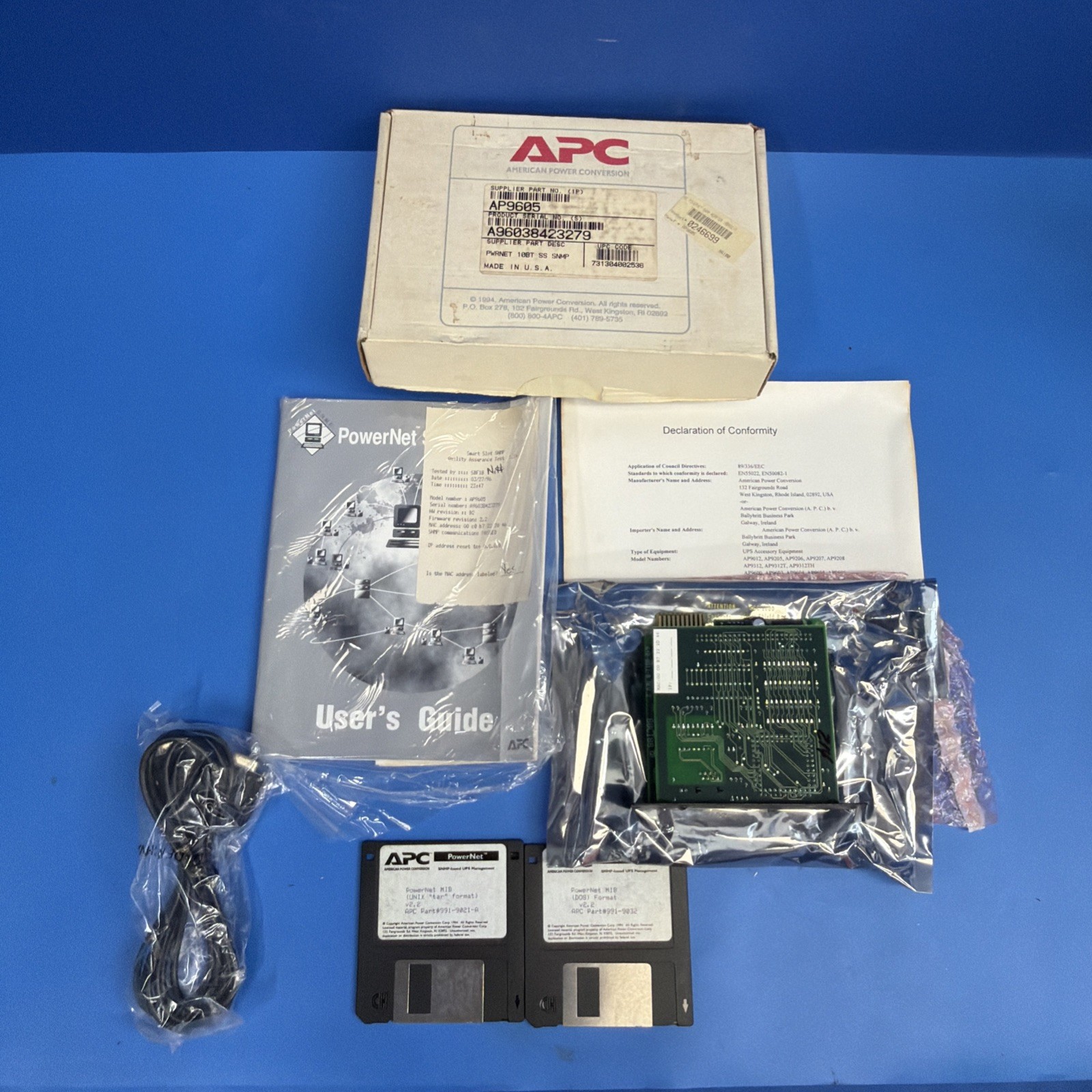 APC AP9605 SmartSlot PowerNet SNMP Adapter Card w/ Box Manual Cable & Disks
