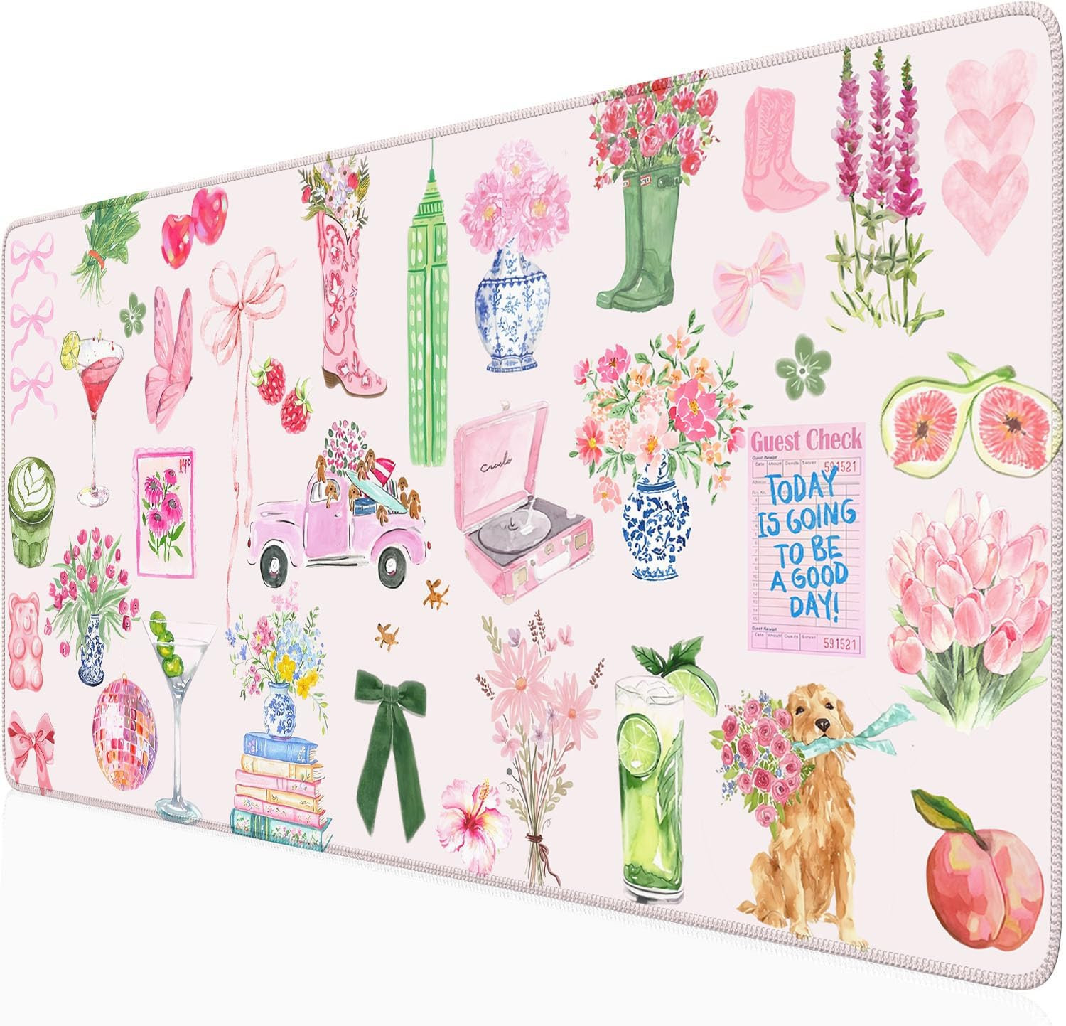Pink Pastel Floral Desk Mat Cute Kawaii Retro Vintage XXL Large Mouse Pad Flower