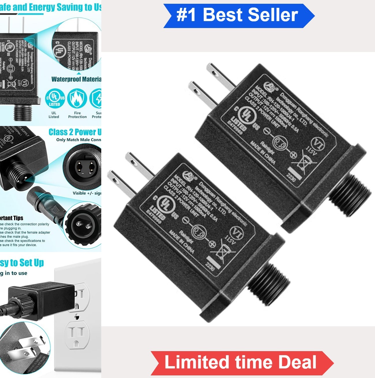 12V 1A Inflatable Adapter 2 Pack Class 2 Power Supply IP44 Outdoor Yard Decor