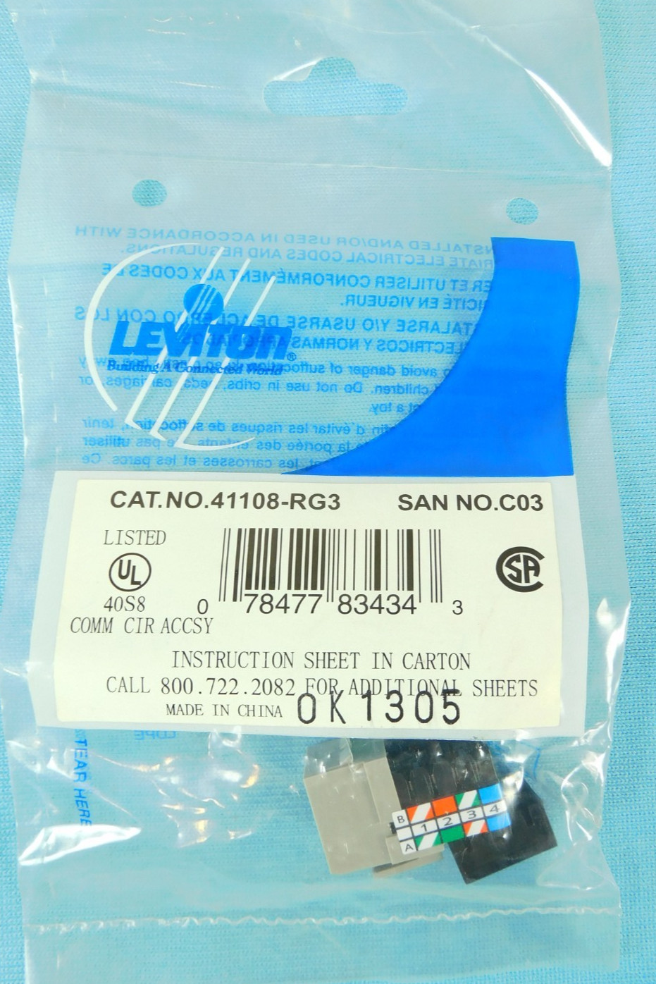 41108-RG3 Leviton 8-Position Cat3 UTP Keystone Connector, Grey - QUANTITY OF 34