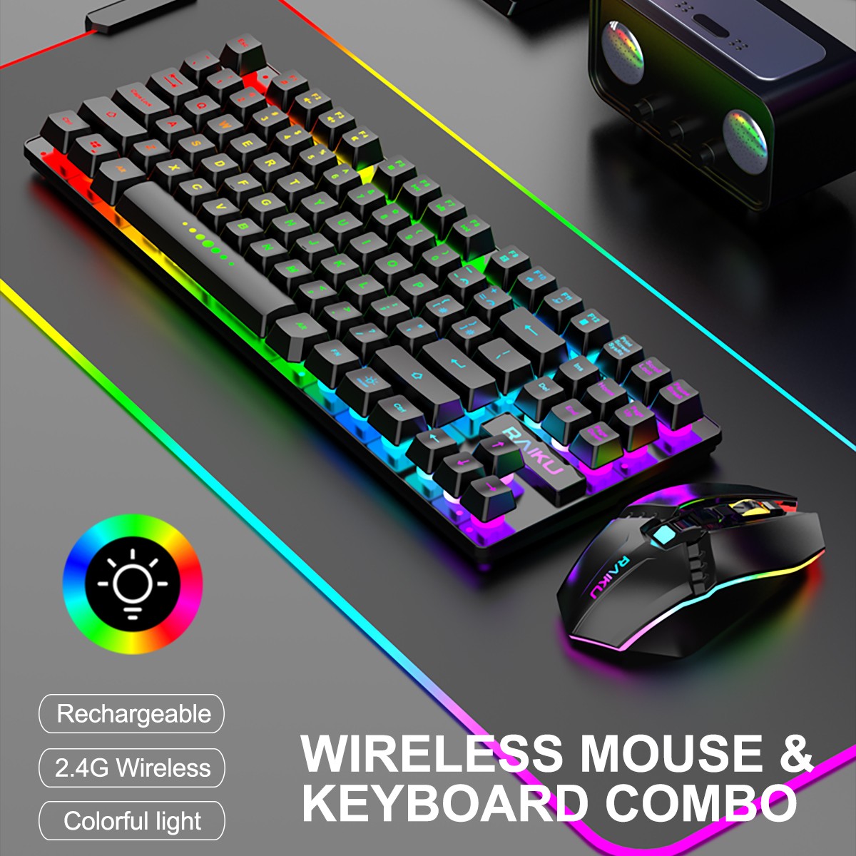 Rechargeable Wireless Gaming Keyboard & Mouse Combo 87 Keys Rainbow RGB Backlit