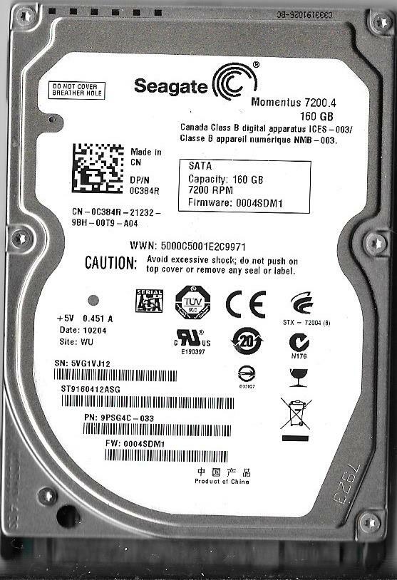 Seagate ST9160412ASG 160GB Sata Hard Drive P/N: 9PSG4C-033 F/W: 0004SDM1  WU