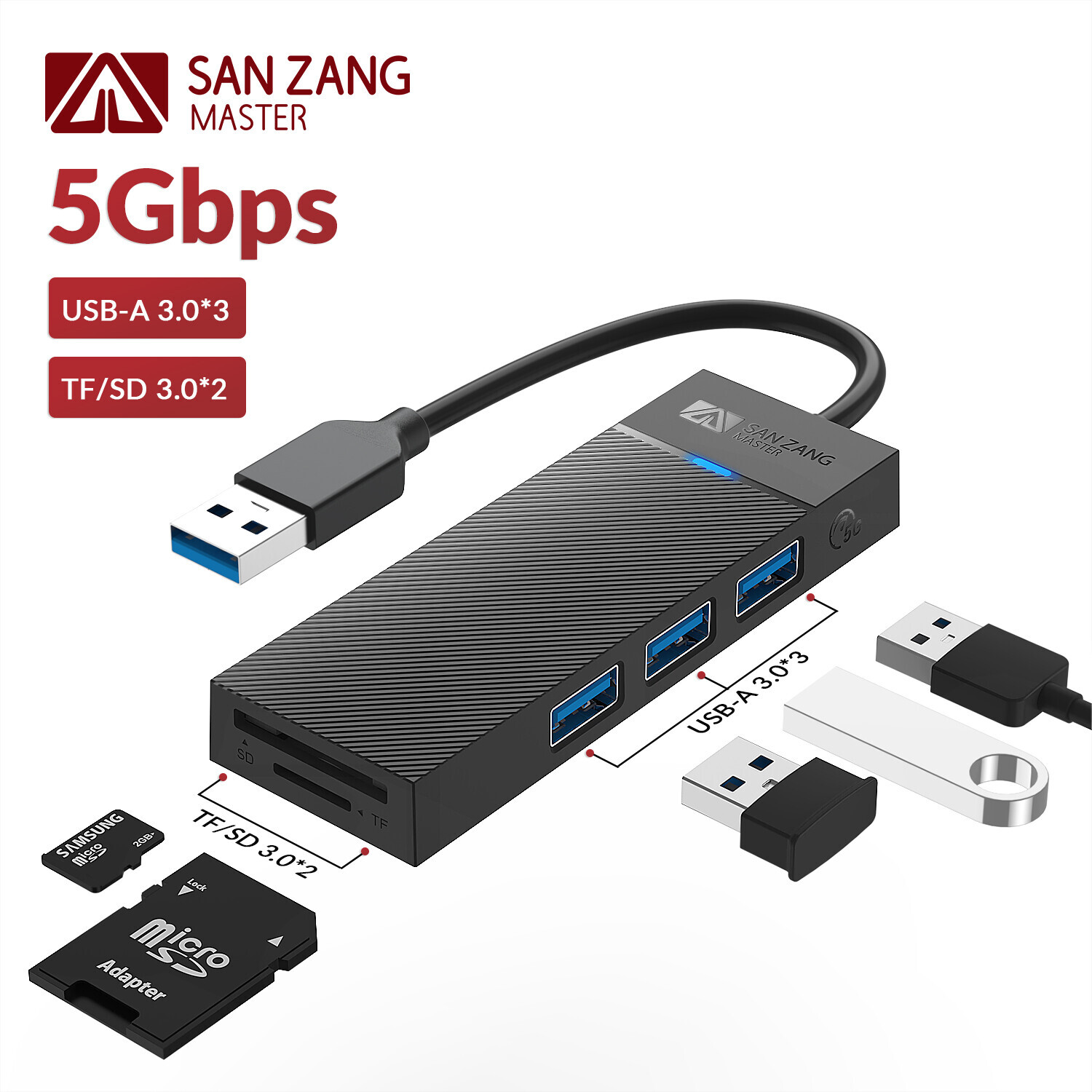 Type A to USB Hub Adapter Splitter USB 3.1 5Gbps Speed 3-port USB-A 3.0 TF/SD US
