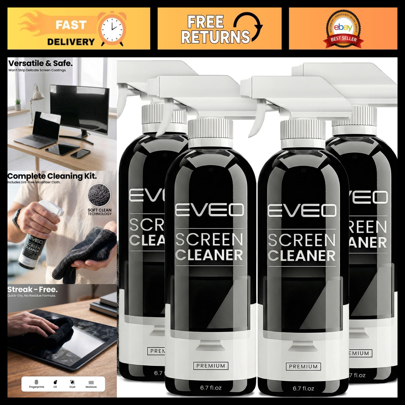 Streak-Free Screen Cleaner Spray Kit for TV, LCD, LED, OLED & Devices - 4 Pack