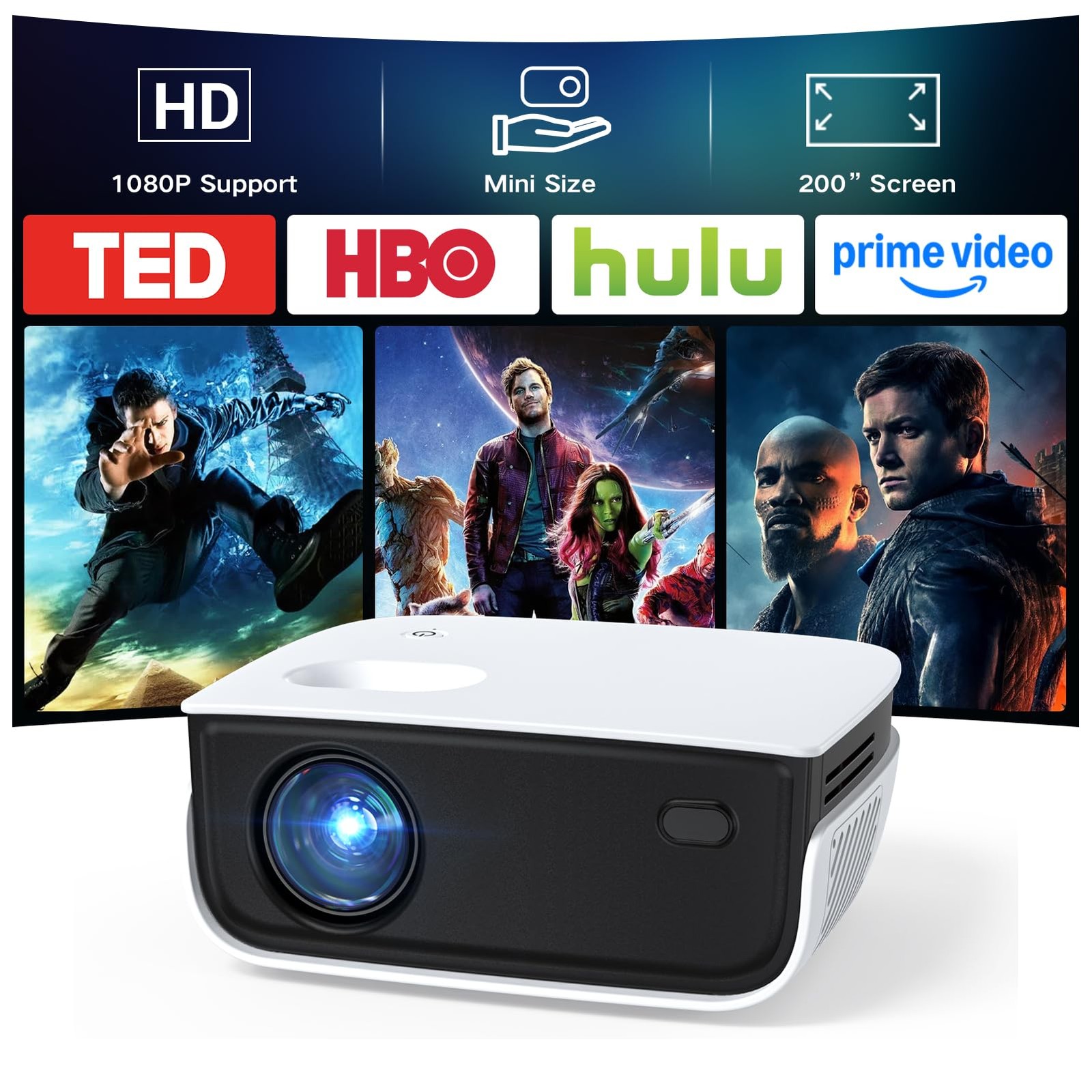 Mini Projector, NICPOW Upgrade Portable Outdoor Movie 7500L, Black & White