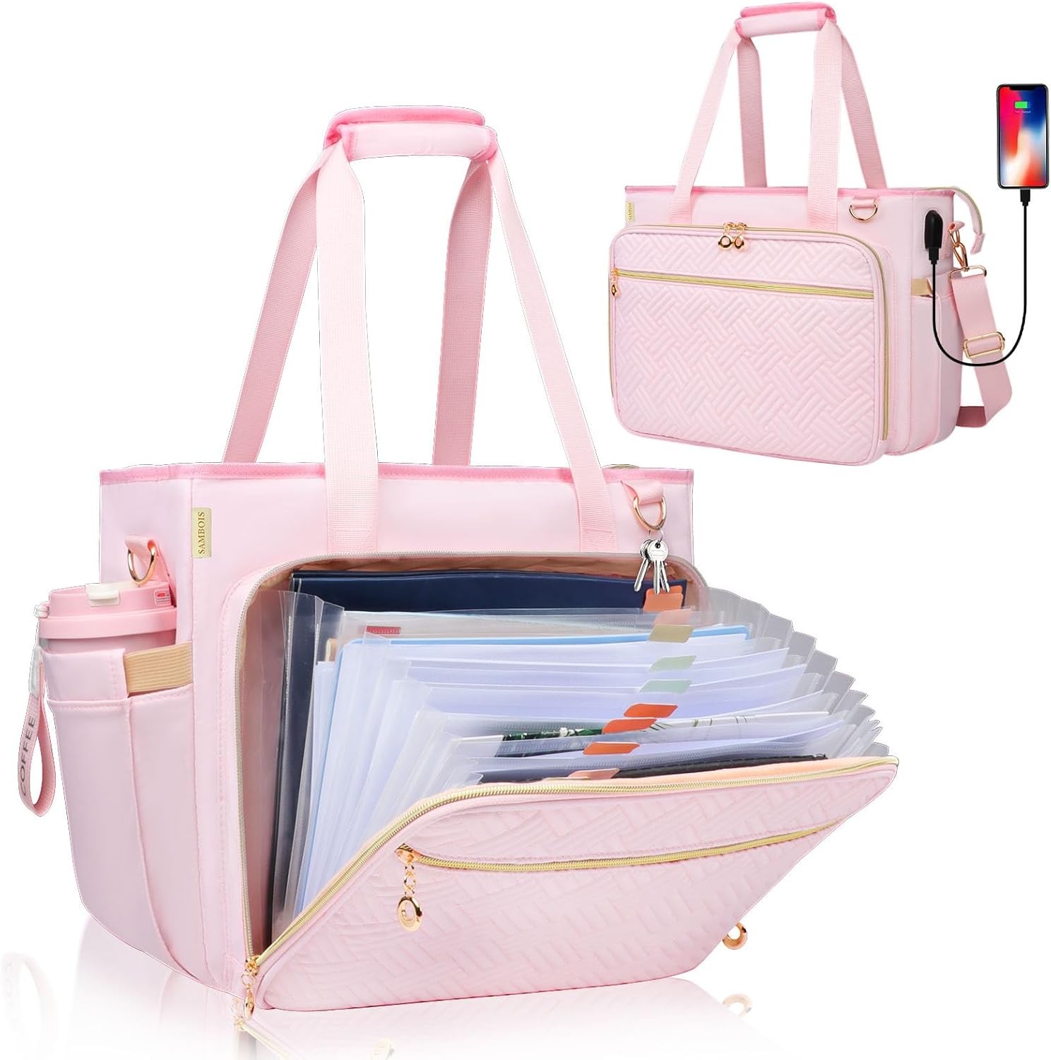 Teacher Tote Bag with Accordion File Organizer Pocket, Soft Nylon Pink 