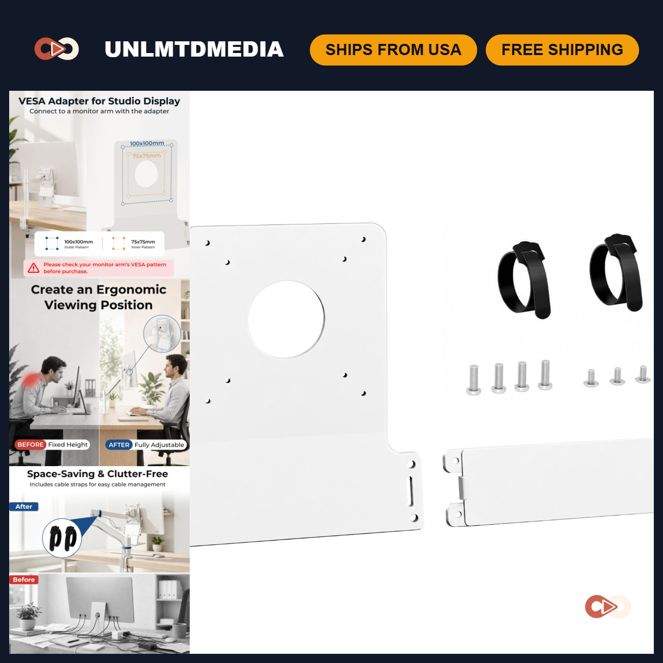 VESA Adapter Plate for 27" Studio Display, Heavy Duty Mount Kit, 75x75/100x100,