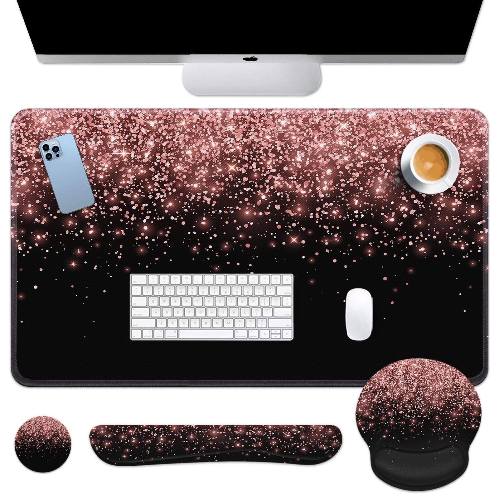 Britimes Keyboard Mouse Pad Set, 4 in 1 Desk Mat Set, Pink Rose Gold