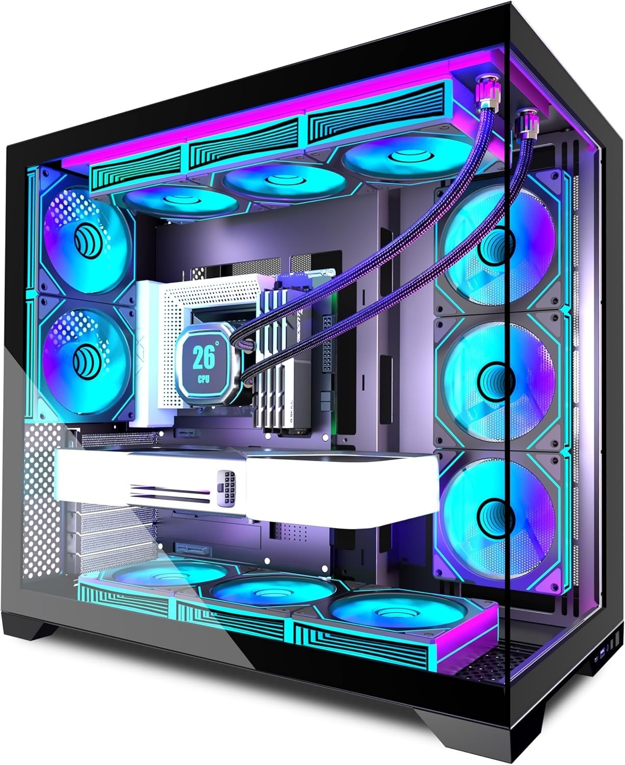 PC CASE 9 PWM ARGB Fans Pre-Installed, Mid-Tower Gaming PC Case, Panoramic Tempe