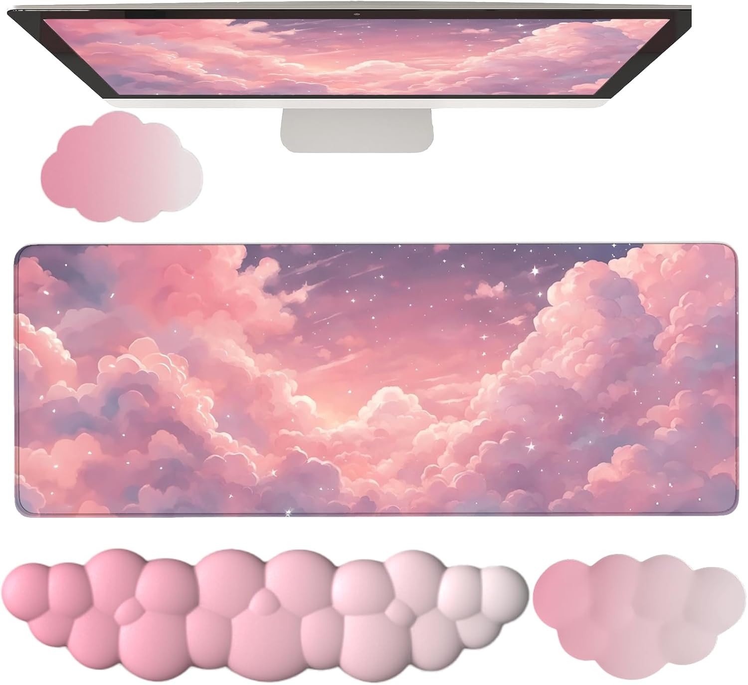 Pink Cloud Large Mouse Pad for Desk Cloud Keyboard Wrist Rest 4PCS Extended Clou