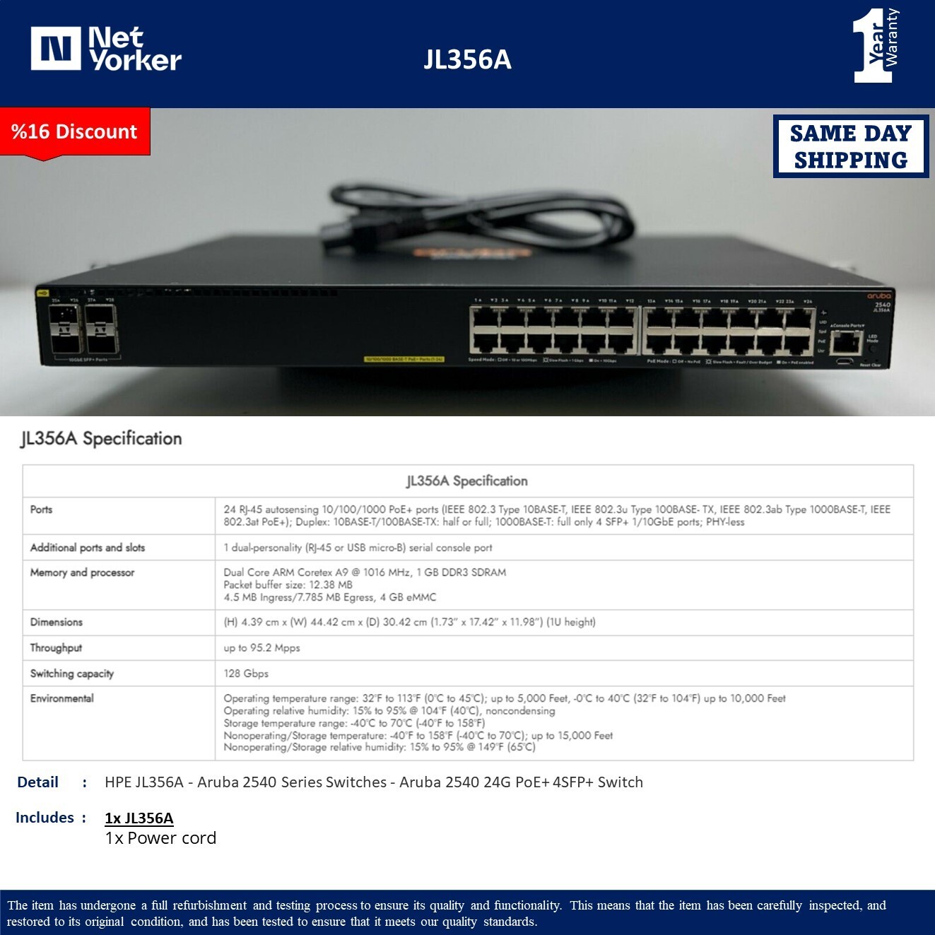 HPE Aruba JL356A 2540-24G-POE+ 24 Port PoE+ 4 x SFP+ Switch - Same Day Shipping