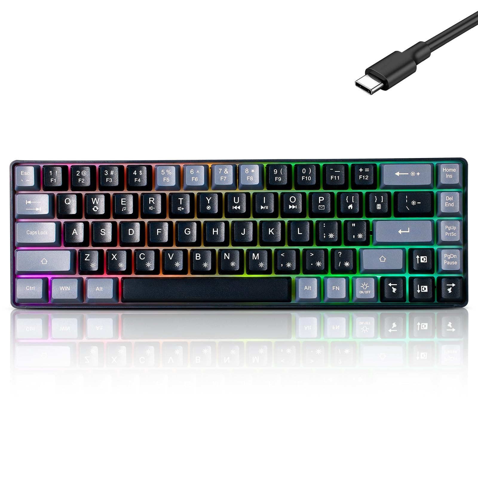 Wired Portable 60% Mechanical Feeling Gaming Keyboard,RGB LED Black–Grey