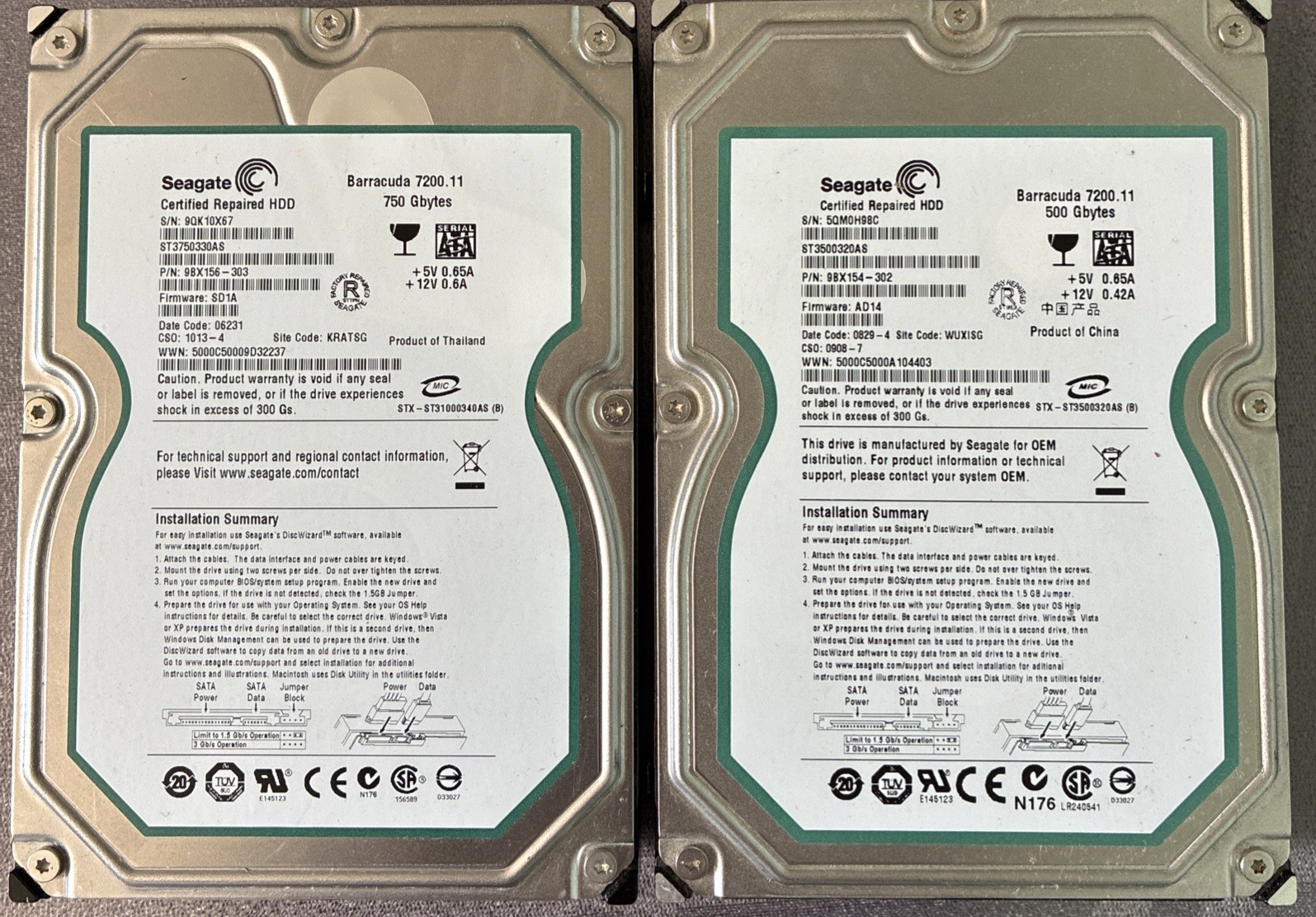 Pre-Owned 2 Seagate Barracuda 7200.11 Hard Driver 750 Gbytes, 500 Gbytes