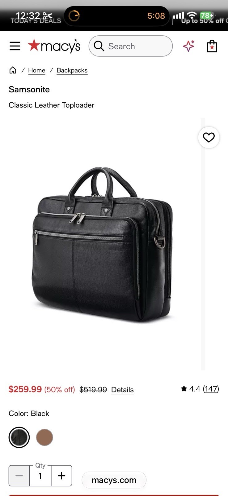 Samsonite Classic Leather Briefcase for 15.6” Laptop Black Bag