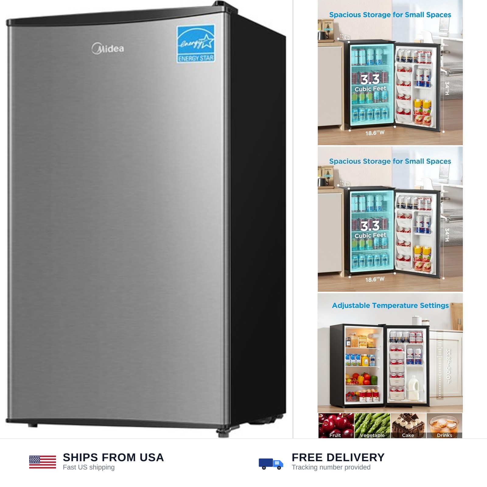 Midea 3.3 Cu.ft Mini Fridge, Energy Star Certified, Low Noise for Office | Ad...