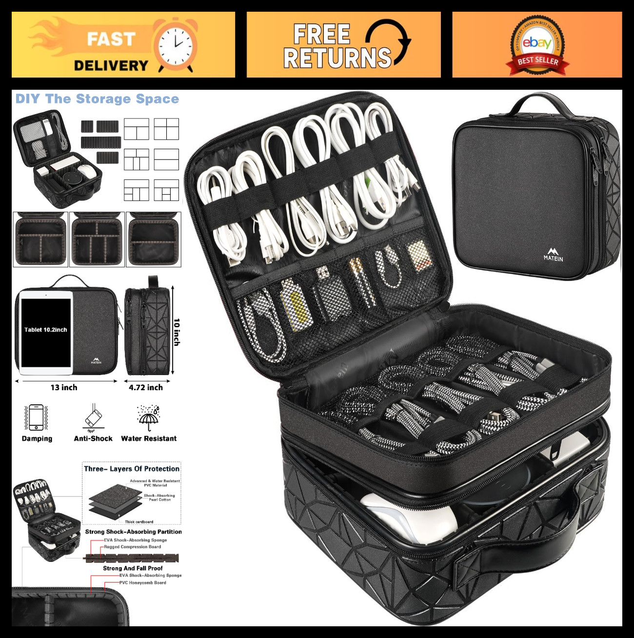 Large DJ Cable Organizer Case with Adjustable Dividers, Travel Storage Bag for C