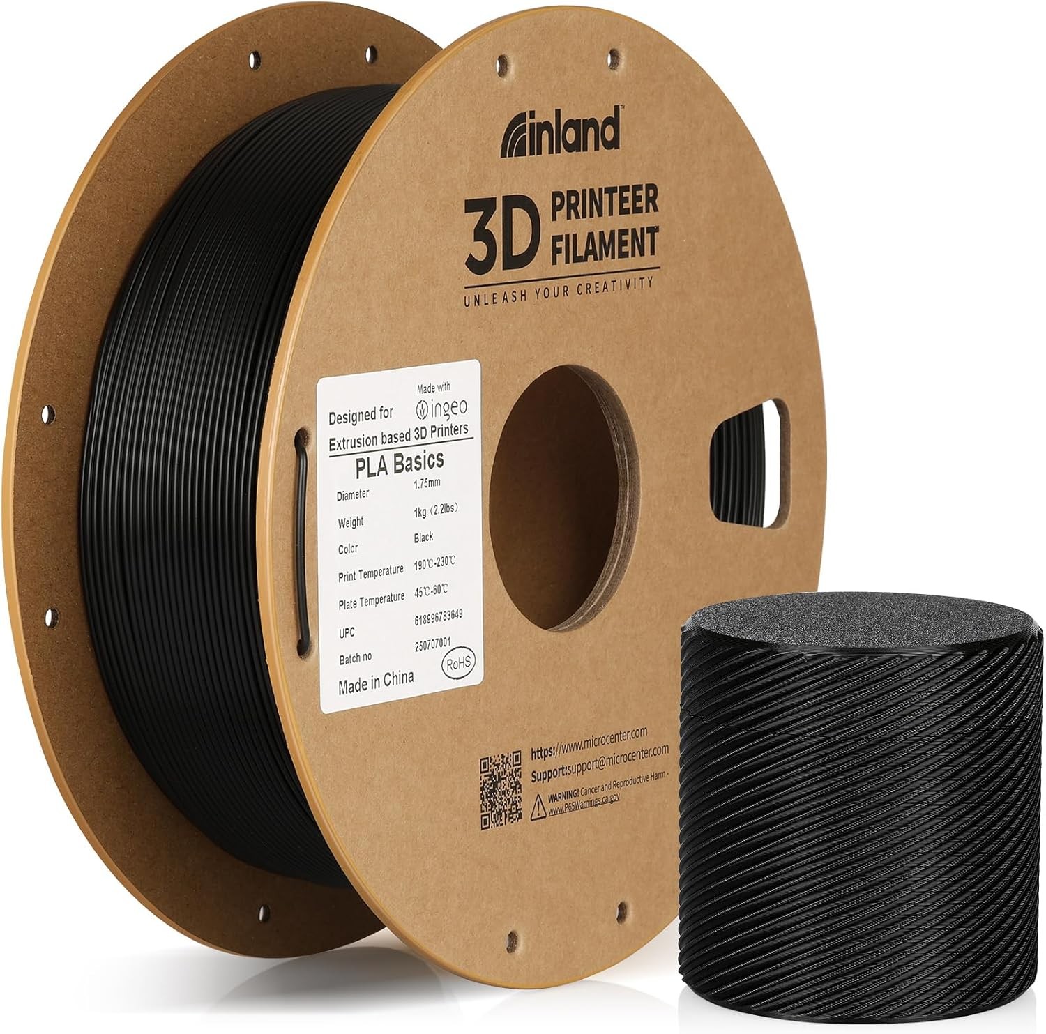 Inland PLA Basics Filament 1.75mm, 1kg Spool – Dimensional Accuracy ±0.02mm,
