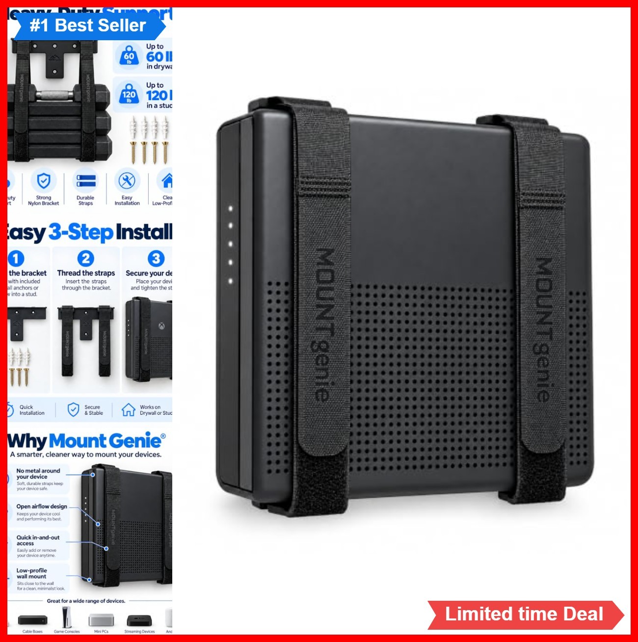 Universal Wall Mount Router Modem Console 100 lb Capacity Adjustable Strap