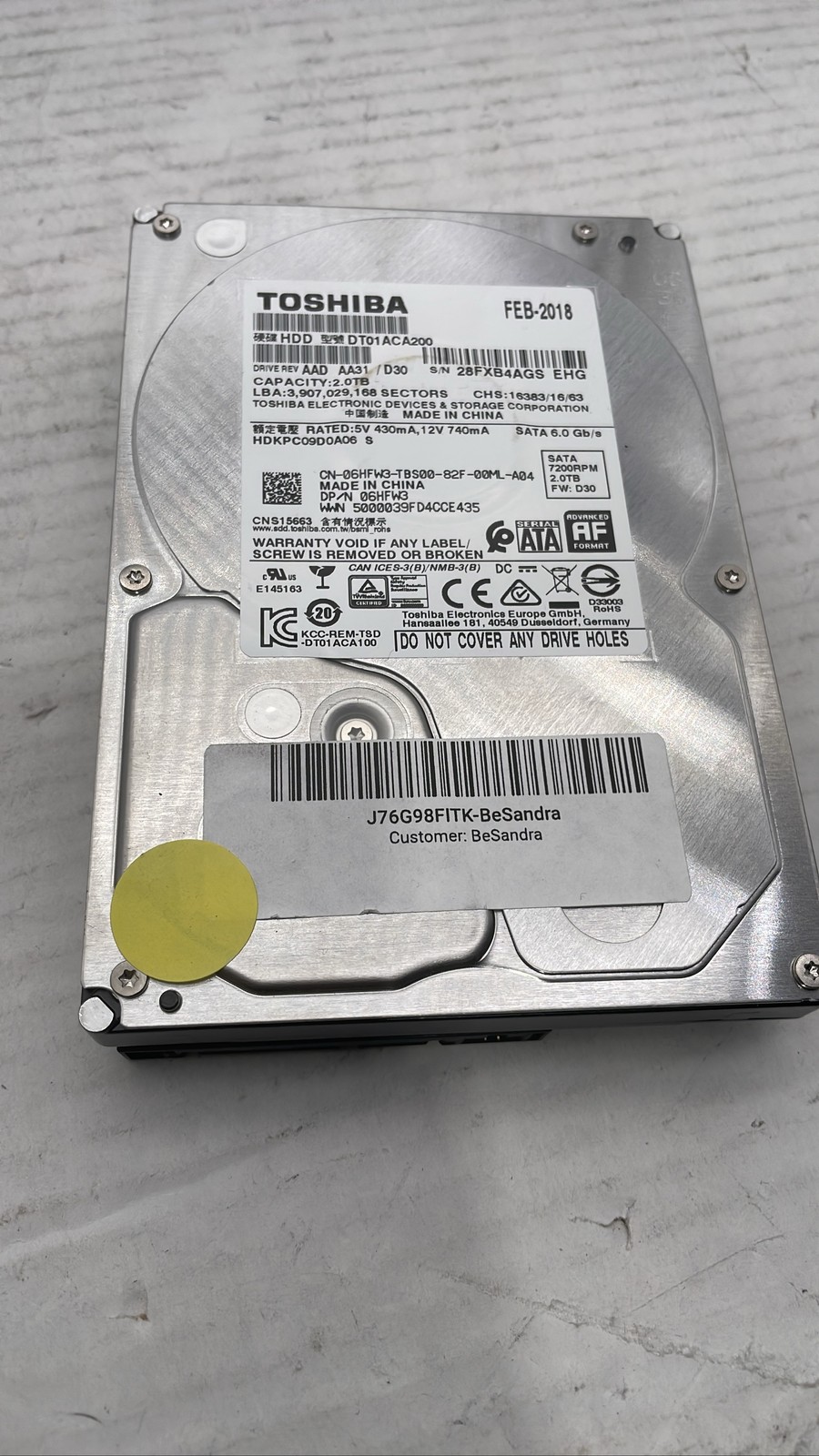 Toshiba DT01ACA200 2TB 3.5" SATA 7200RPM Internal Hard Drive HDKPC09D0A06